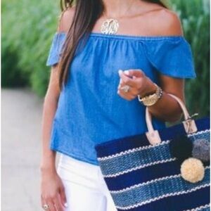 J. Crew blue off the shoulder chambray top size XS summer light casual coastal